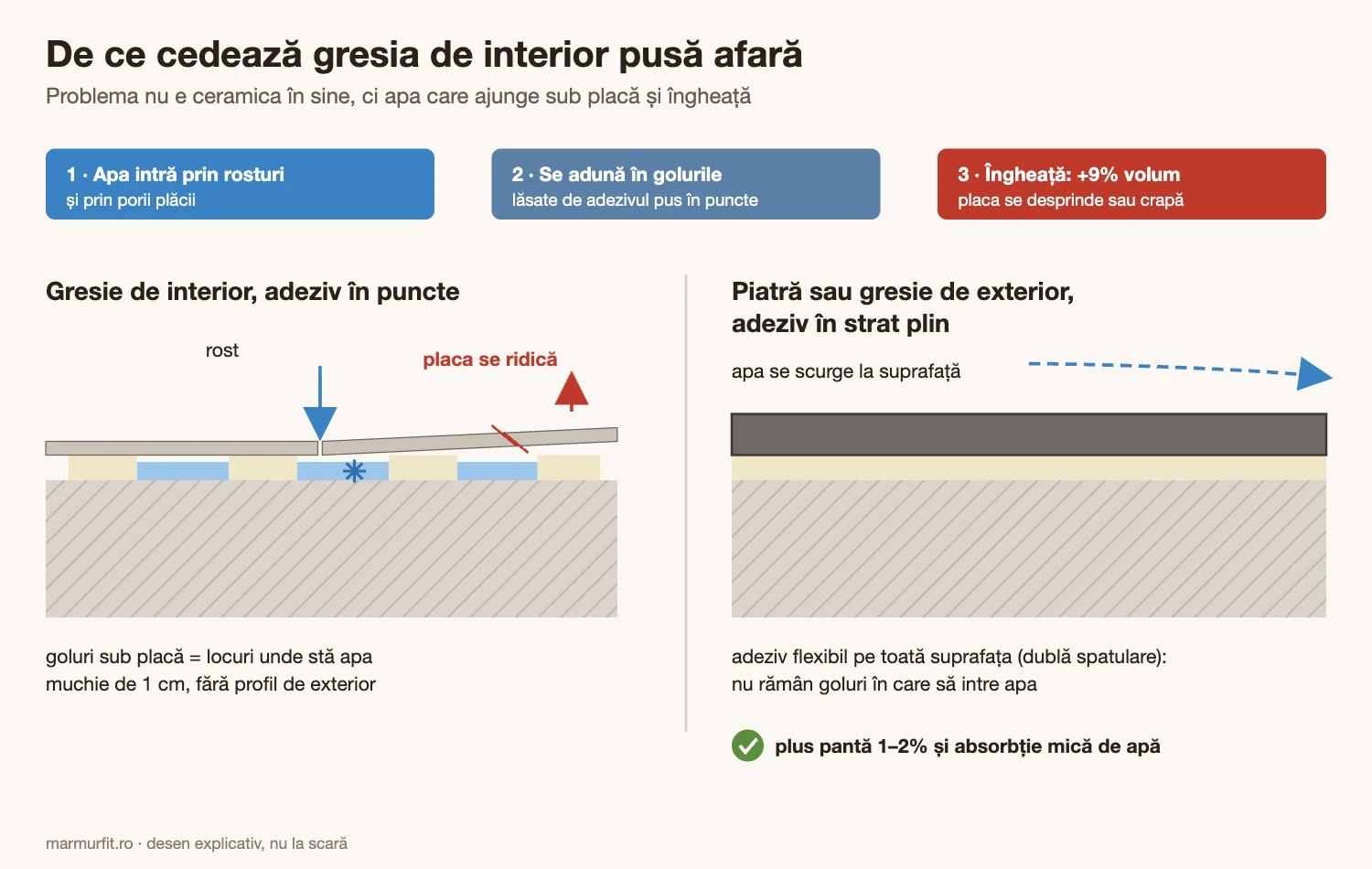 De ce cedează gresia de interior pusă afară: apa intră sub placă prin rosturi, se adună în golurile adezivului și la îngheț ridică placa; comparație cu piatră lipită în strat plin