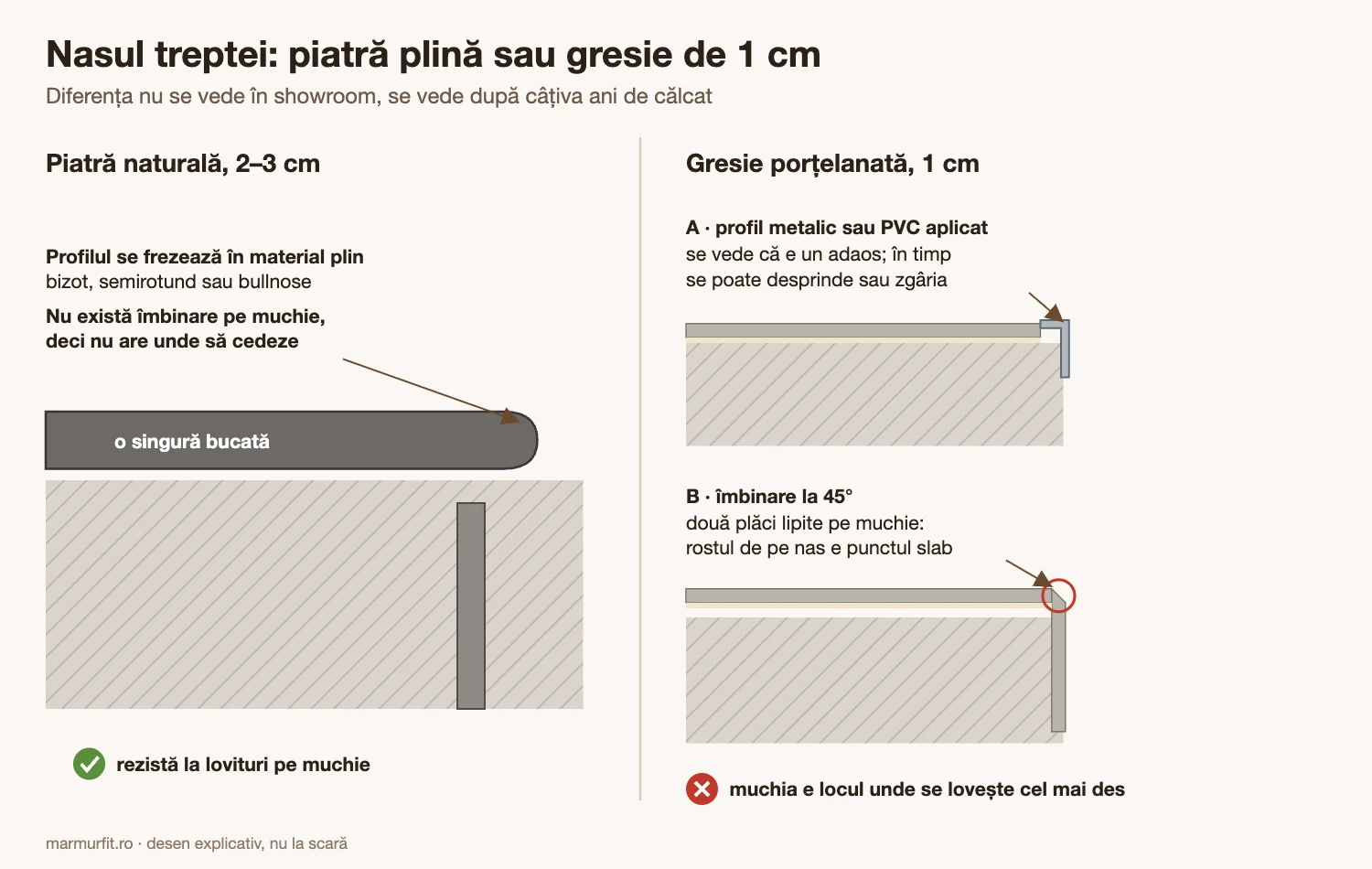 Comparație între nasul unei trepte din piatră naturală, frezat dintr-o bucată, și treapta din gresie porțelanată de 1 cm, cu profil aplicat sau îmbinare la 45 de grade