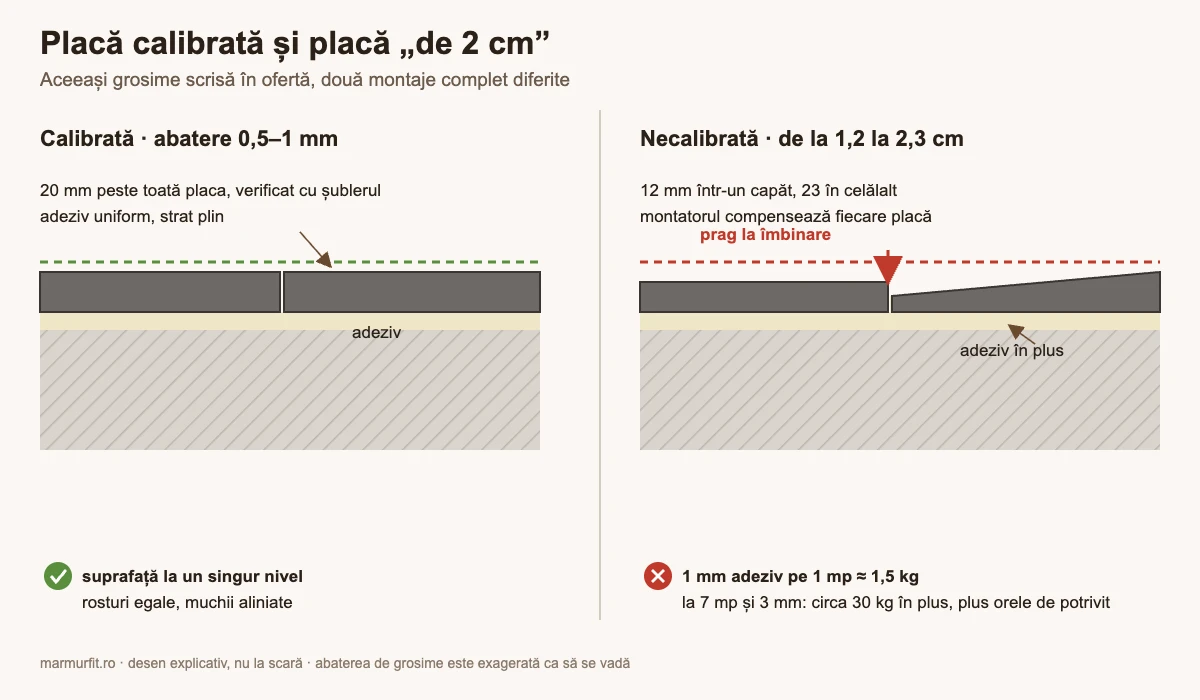 Comparație în secțiune între o placă de piatră calibrată, cu abatere de 0,5–1 mm, și una necalibrată, cu grosimi între 1,2 și 2,3 cm