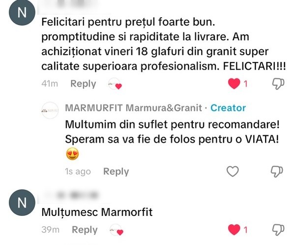 Mesaj de la un client Marmurfit — Comentariu public pe TikTok