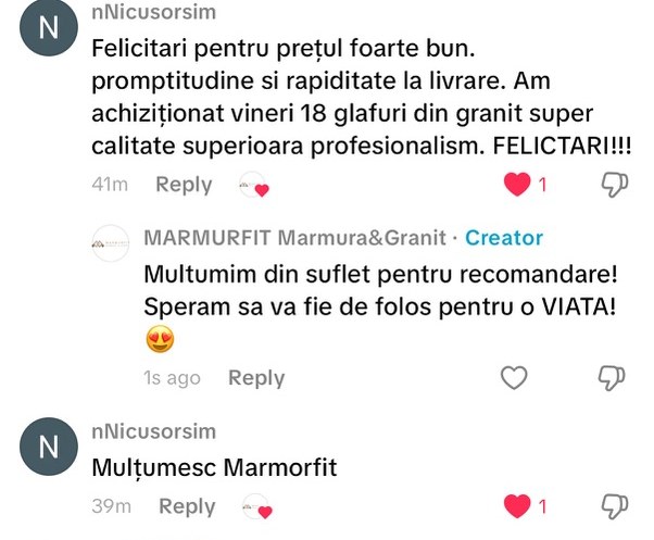 Mesaj de la un client Marmurfit — Comentariu public pe TikTok