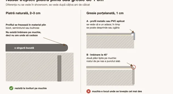 Comparație între nasul unei trepte din piatră naturală, frezat dintr-o bucată, și treapta din gresie porțelanată de 1 cm, cu profil aplicat sau îmbinare la 45 de grade