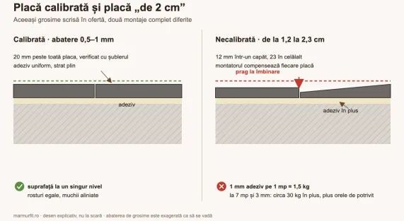 Comparație în secțiune între o placă de piatră calibrată, cu abatere de 0,5–1 mm, și una necalibrată, cu grosimi între 1,2 și 2,3 cm